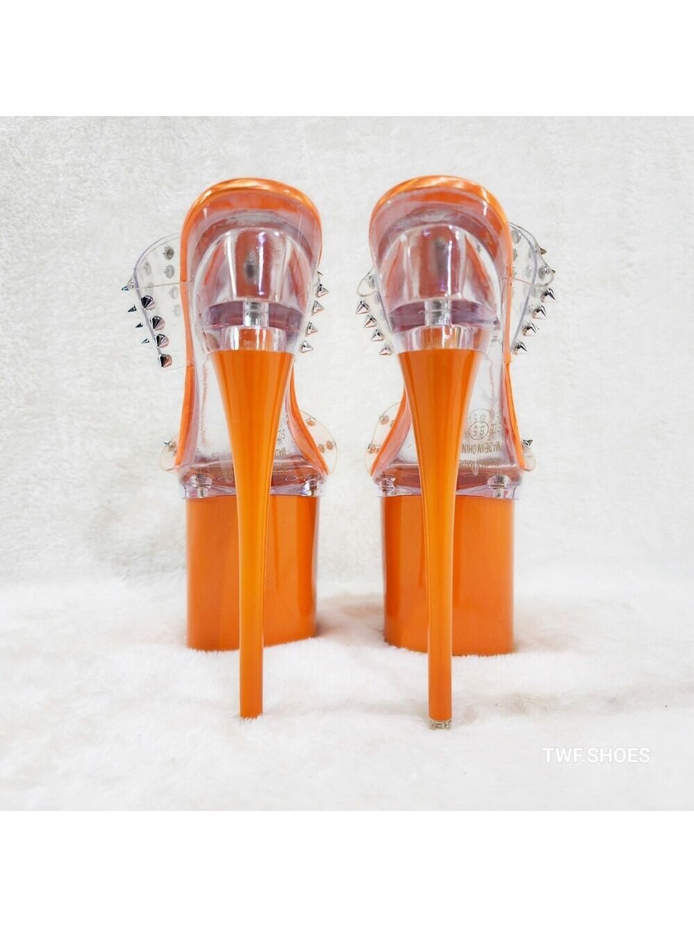 NIB Bulls Sleek Slim 8" Platform Heels Orange Double Clear Spiked Straps